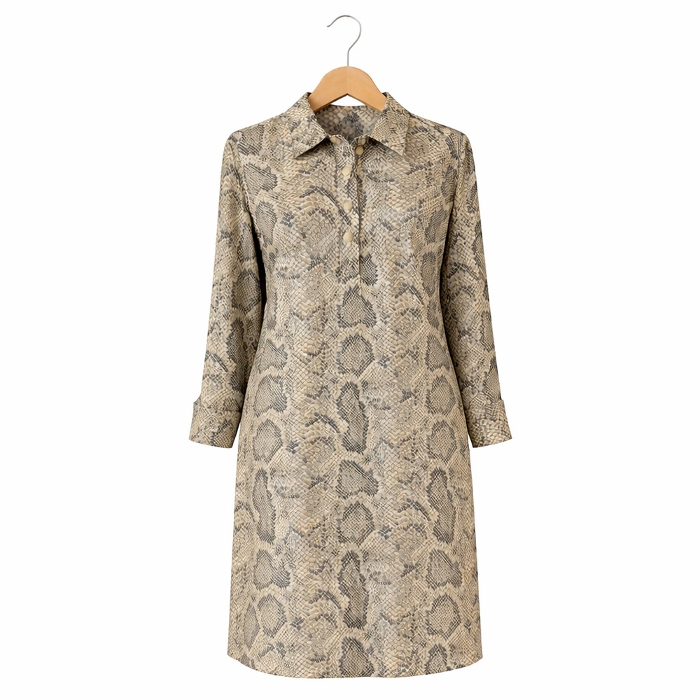Vintage Wayne Diamond Snakeskin Print Shirt Dress Size 8 Midi Vintage Neutral